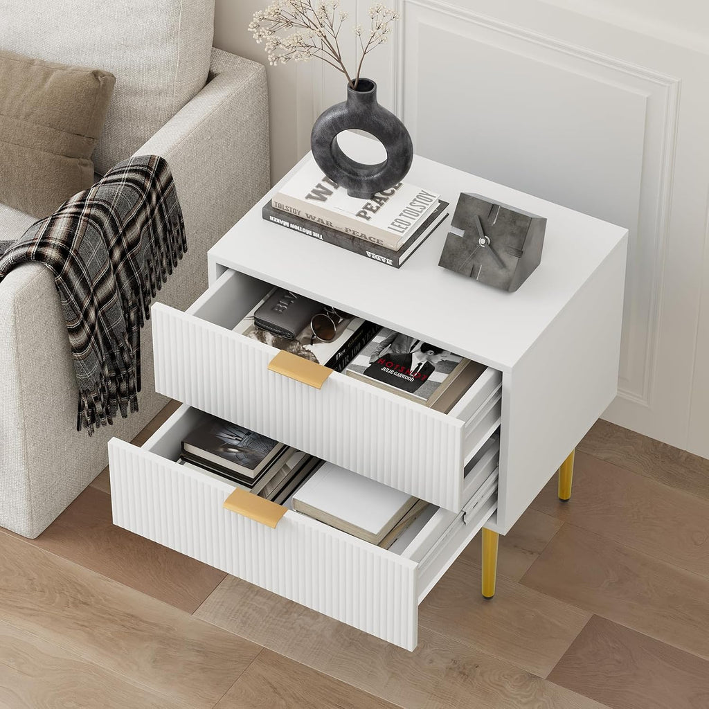 Smart FENDEE Set of 2 Nightstand, White Mid Century Modern Night Stand with Fluted Panel, Bedside Table with 2 Drawer, Large NightStand with Gold Leg for Bedroom