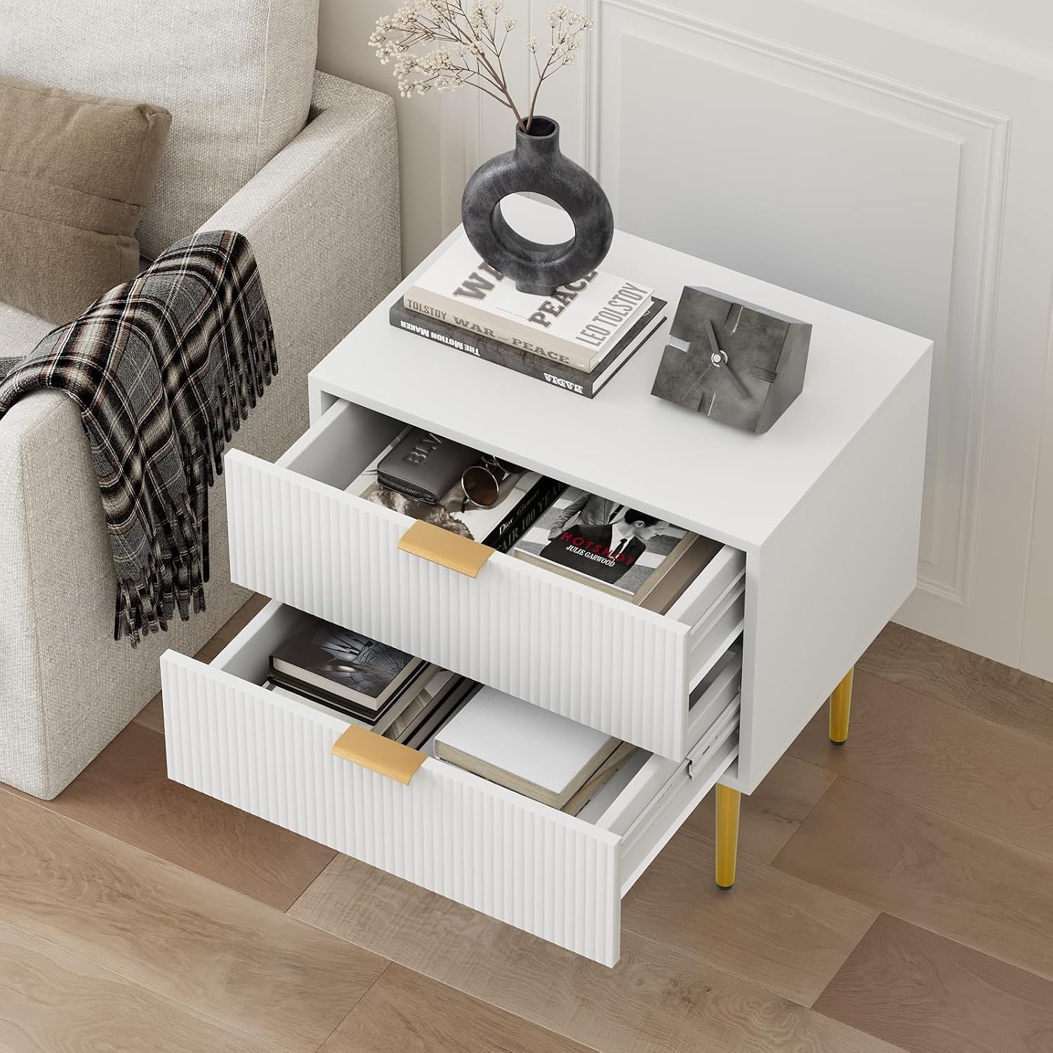 Smart FENDEE Set of 2 Nightstand, White Mid Century Modern Night Stand with Fluted Panel, Bedside Table with 2 Drawer, Large NightStand with Gold Leg for Bedroom