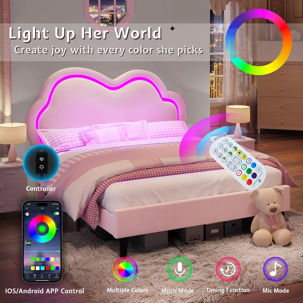Jocisland Twin Bed Frame for Girls with Adjustable Cloud Headboard, Velvet Upholstered & RGB Lights, 7.1' Underbed Storage, No Box Spring Needed, Pink | Cloud Shape Design