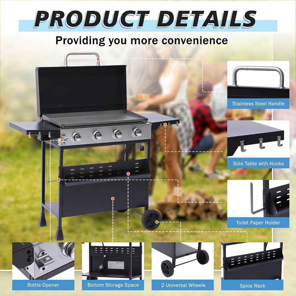 4-Burner Propane Griddle Grill with Removable Cart, 32,000 BTU Portable BBQ Gas Griddle with Iron Griddle Pan & Side Table, Spice Rack, Outdoor Flat Top Grills with Hooks for Backyard