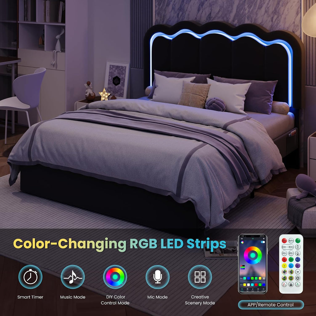 SHA CERLIN Upholstered Queen Size Bed Frame with LED Lights and Large Storage Drawer, Velvet Platform Bed with Adjustable Wavy Headboard, Noise Free, Easy Assembly, No Box Spring Needed, Soft Black