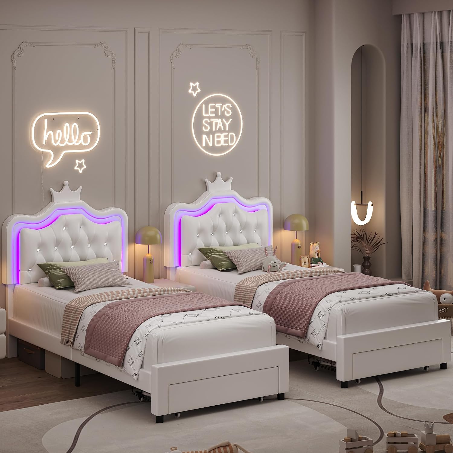 Keyluv 2 Set Twin Upholstered LED Bed Frame with Storage Drawer for Kid, Leather Princess Platform Bed with Adjustable Crystal Button Tufted Crown Headboard, Solid Woode Slats Support, White