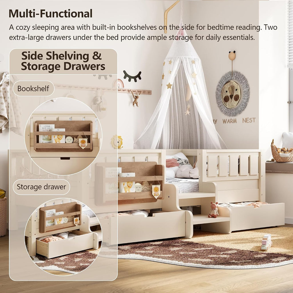Bellemave Full Size Bed with Slats and Stairs, Full Size Platform Bed Frame with Fence, Bookshelf and Storage Drawers, Easy Assemble Beds for Kids, Girls, Boys, Beige