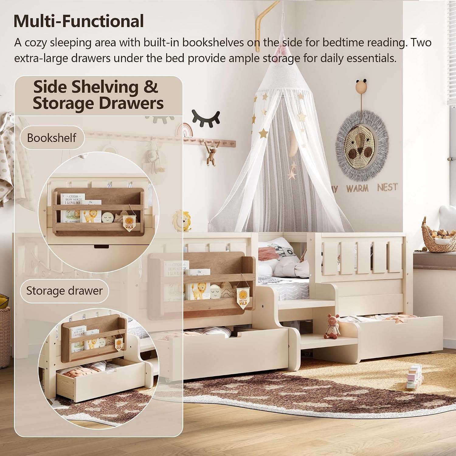 Bellemave Full Size Bed with Slats and Stairs, Full Size Platform Bed Frame with Fence, Bookshelf and Storage Drawers, Easy Assemble Beds for Kids, Girls, Boys, Beige