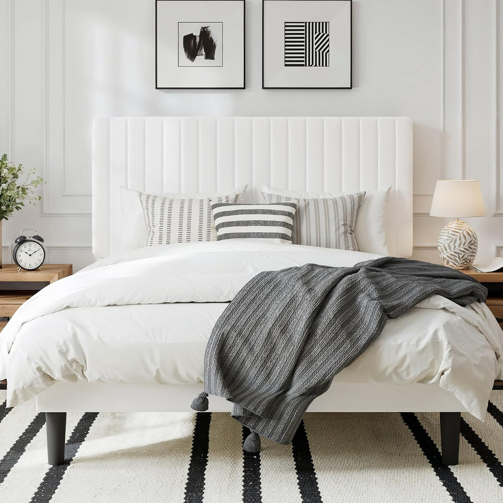 GOLDORO Full Size Bed Frame with Adjustable Headboard, Velvet Upholstered Platform Bed, Vertical Channel Tufted Design, Wooden Slat Support, No Box Spring Needed, Easy Assembly, White