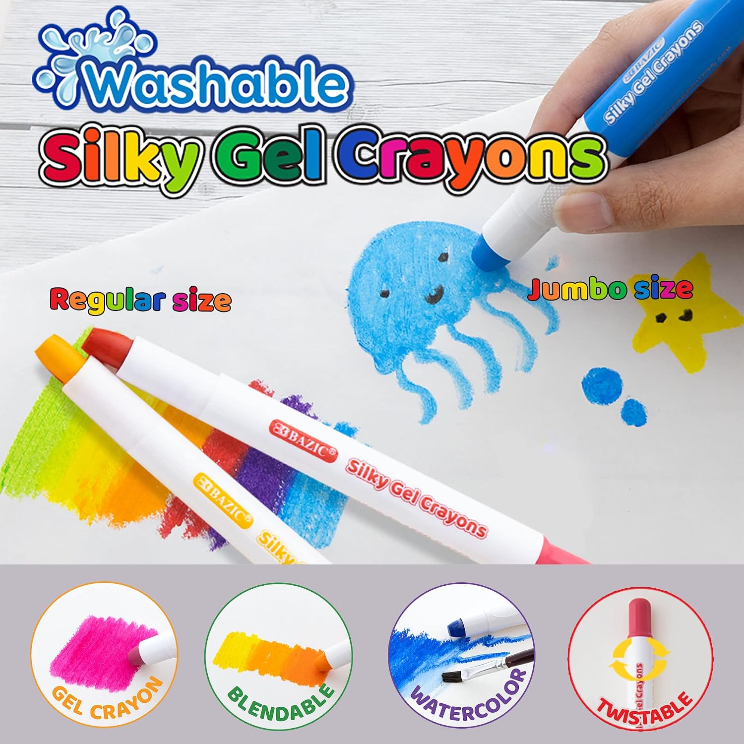 BAZIC PRODUCTS Silky Gel Crayons 24 Color, Washable Blendable Non Toxic Watercolor Crayon for Coloring Book (24/Pack), 12-Packs