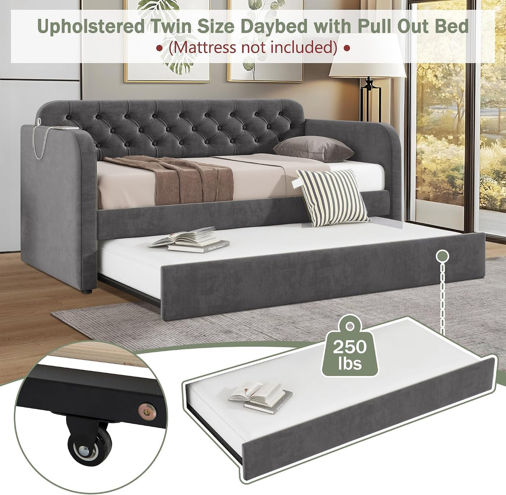 Twin Size Daybed with Trundle Bed, Upholstered Daybed with 2 USB Ports, Sturdy Metal and Wood Frame, Tufted Sofa Bed for Bedroom, No Box Spring Needed, Grey