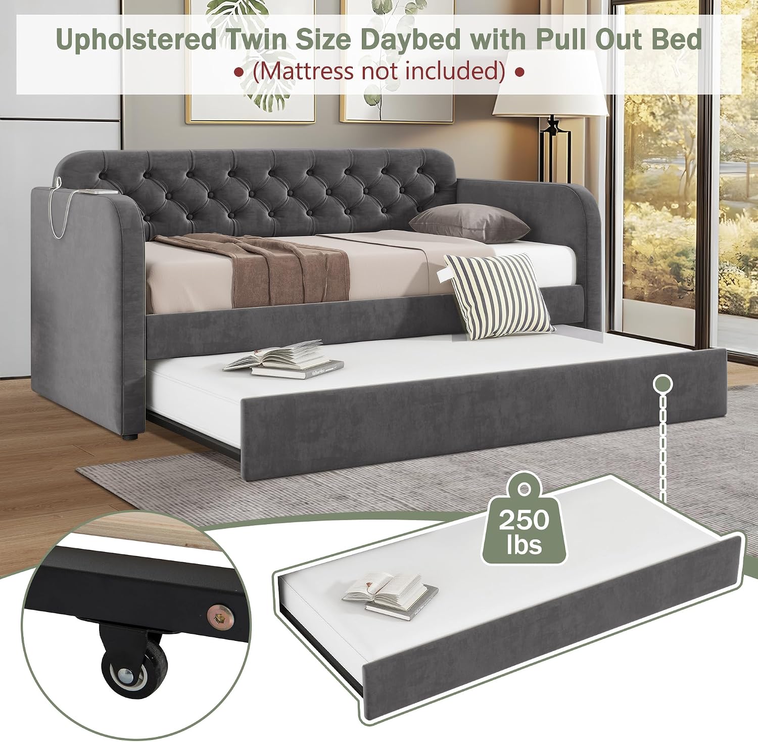 Twin Size Daybed with Trundle Bed, Upholstered Daybed with 2 USB Ports, Sturdy Metal and Wood Frame, Tufted Sofa Bed for Bedroom, No Box Spring Needed, Grey