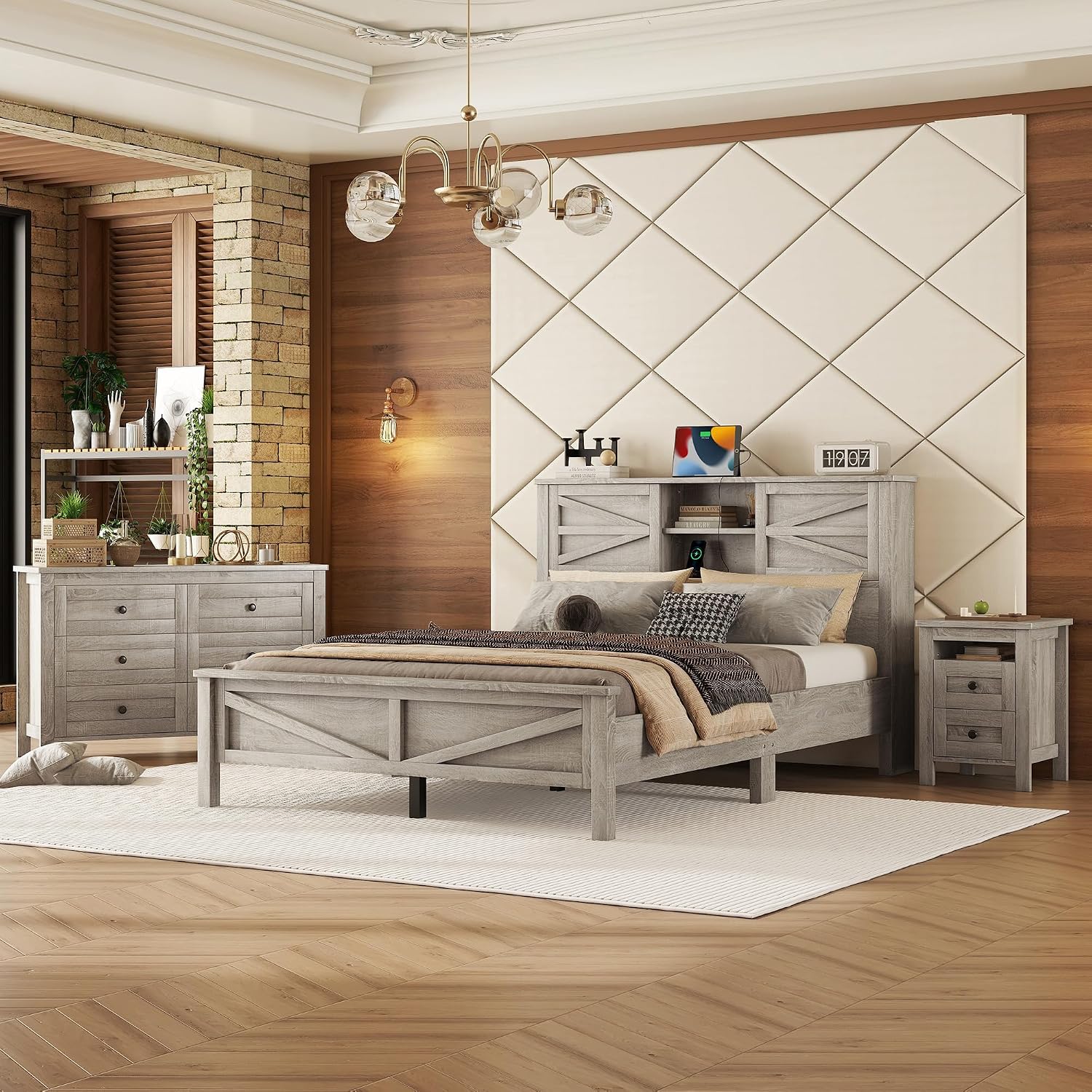 Ball & Cast 3-Piece Queen Size Farmhouse Bedroom Set, Platform Bed with Sliding Door Storage Headboard & Charging Station, Storage Nightstand and Dresser, Wooden Bedroom Furniture Set, Antique Gray