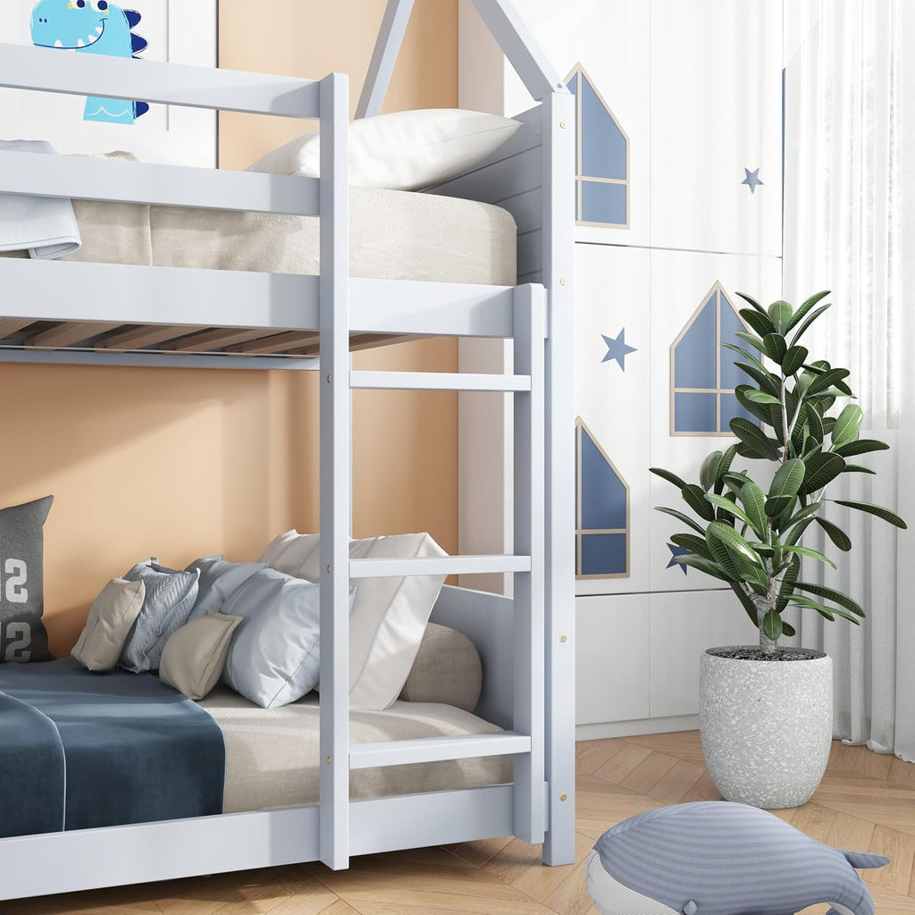 Bellemave Twin Over Twin Bunk Bed, Wooden House Bunk Bed with Ladder and Guardrail for Bedroom, Dormitory, Floor Bunk Beds with Headboard and Footboard for Kids, Teens, No Box Spring Needed, Grey