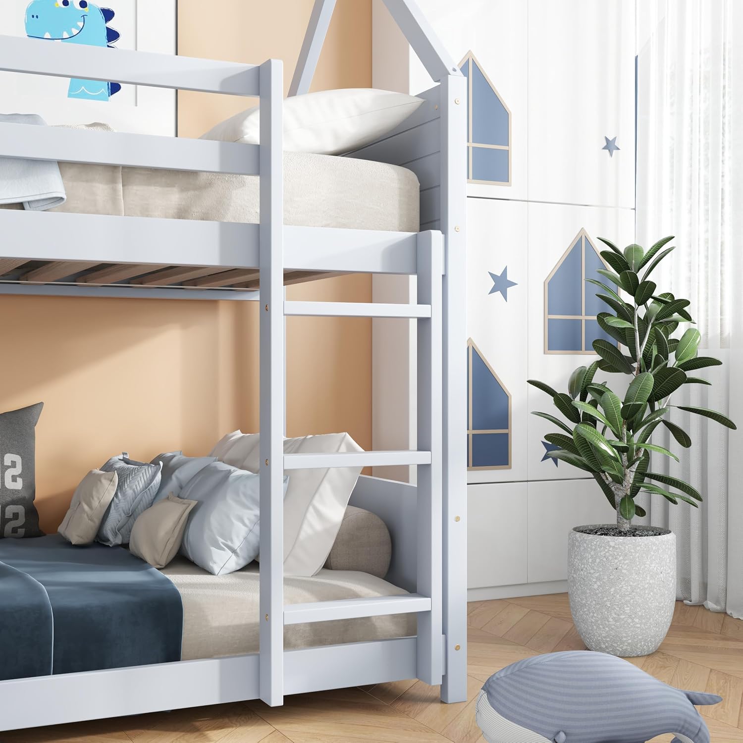 Bellemave Twin Over Twin Bunk Bed, Wooden House Bunk Bed with Ladder and Guardrail for Bedroom, Dormitory, Floor Bunk Beds with Headboard and Footboard for Kids, Teens, No Box Spring Needed, Grey