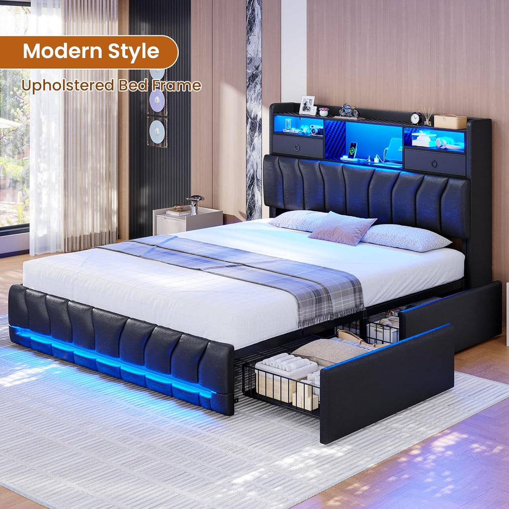 DICTAC Full Bed Frames with Storage Headboard and 2 Large Drawers, Gaming Bed with RGB Lights and Charging Station, Leather Upholstered Platform Bed, Esports-Style Bed, No Box Spring Needed, Black