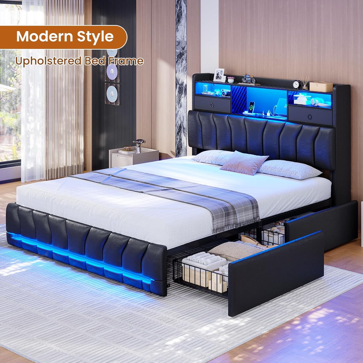 DICTAC Full Bed Frames with Storage Headboard and 2 Large Drawers, Gaming Bed with RGB Lights and Charging Station, Leather Upholstered Platform Bed, Esports-Style Bed, No Box Spring Needed, Black