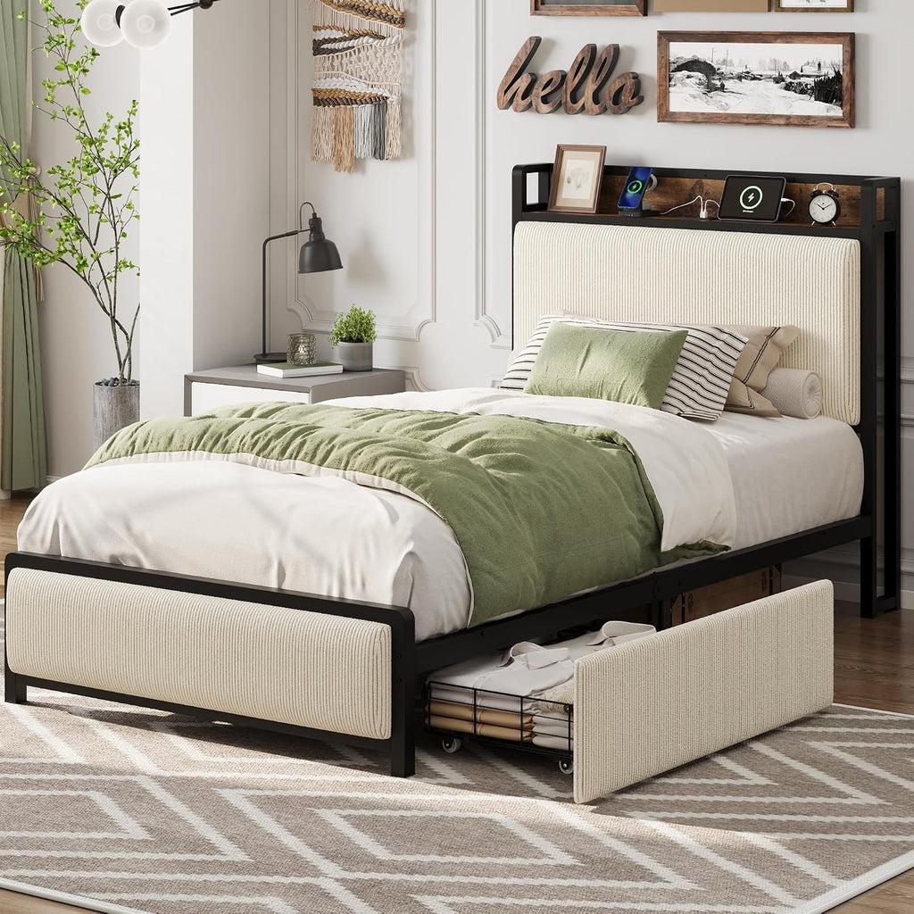 GAOMON Twin Size Bed Frame with 2 Storage Drawers and Charging Station, Rustic Velvet Upholstered Platform Bedframe with Storage Headboard, No Box Spring Needed, Easy Assembly, Noise Free, Beige
