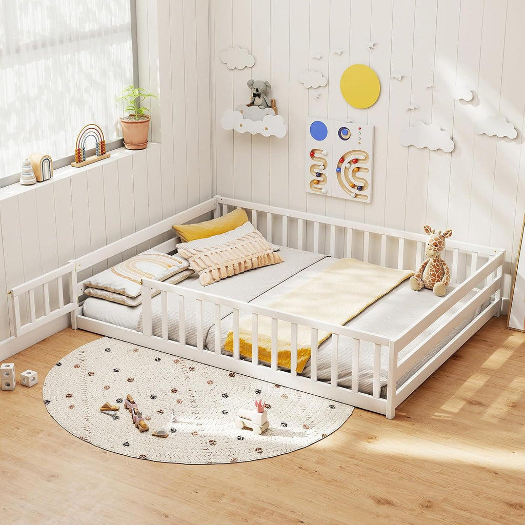 KOMFOTT Full Size Wood Floor Bed with Door & Fence, Montessori Bed Frame with Full Length Safety Guardrails, Door & Latch, Wooden Montessori Floor Bed for Kids, Girls, Boys (Full,White)