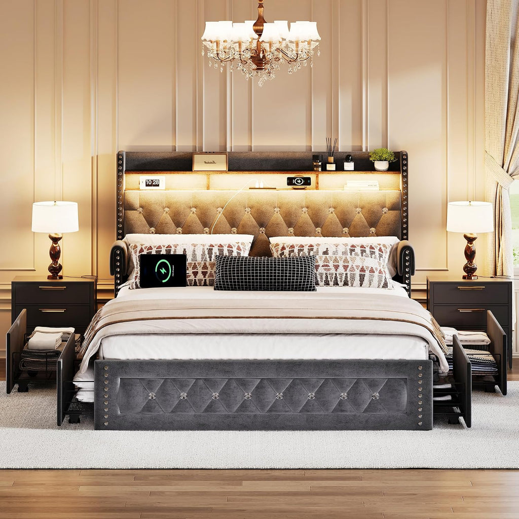Ailisite Full Size Bed Frame with 4 Storage Drawers and RGB Led Lights,Velvet Upholstered Full Platform Bed with Charging Station and Bookcase Storage Headboard, with Crystal and Rivet Deco, Grey