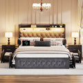 Ailisite Full Size Bed Frame with 4 Storage Drawers and RGB Led Lights,Velvet Upholstered Full Platform Bed with Charging Station and Bookcase Storage Headboard, with Crystal and Rivet Deco, Grey
