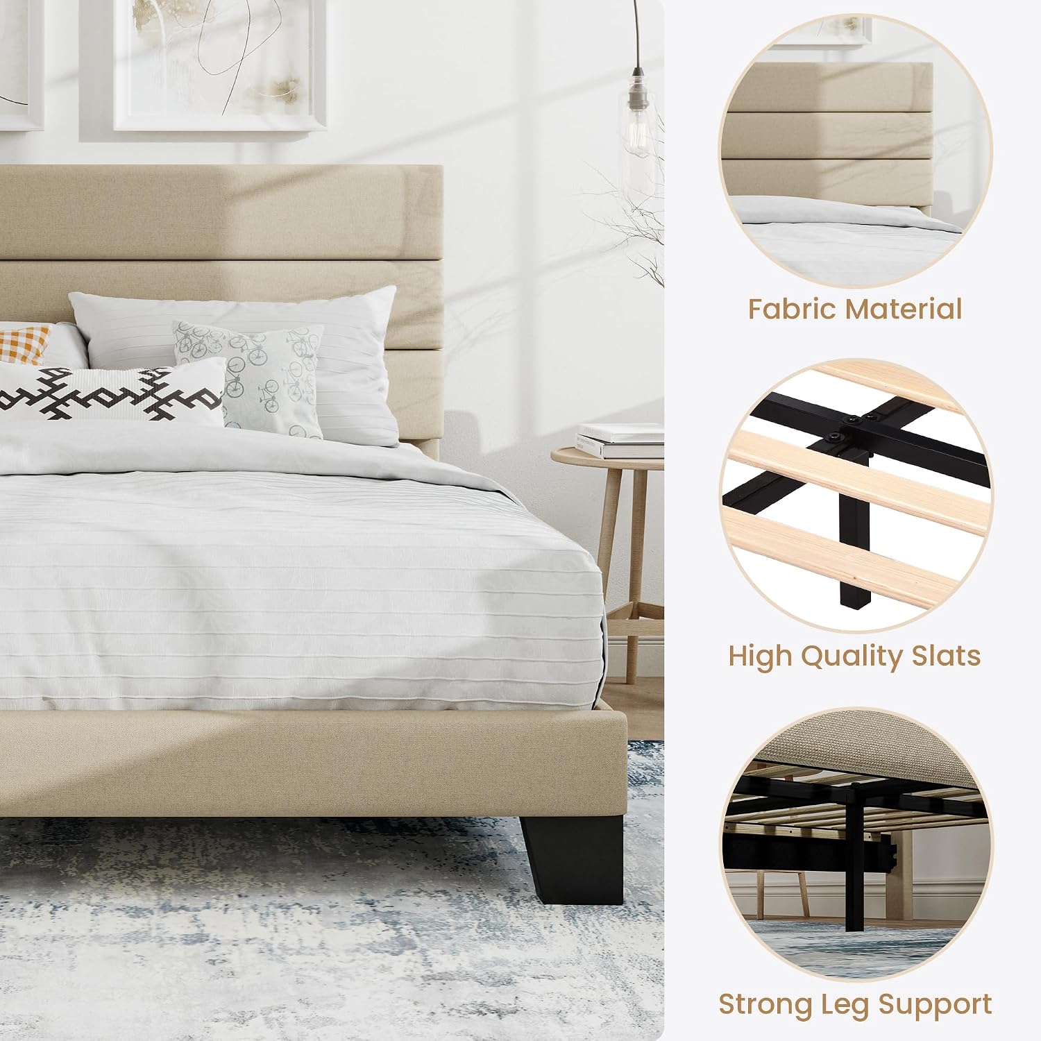 SHA CERLIN Full Platform Bed Frame with Upholstered Fabric Headboard, Mattress Foundation with Strong Wooden Slats Support, No Box Spring Needed, Beige