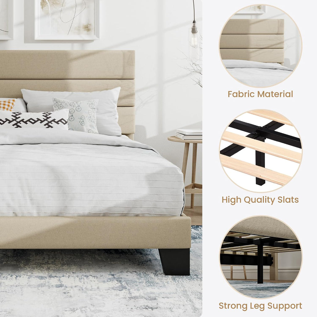 SHA CERLIN King Platform Bed Frame with Upholstered Fabric Headboard, Mattress Foundation with Strong Wooden Slats Support, No Box Spring Needed, Beige
