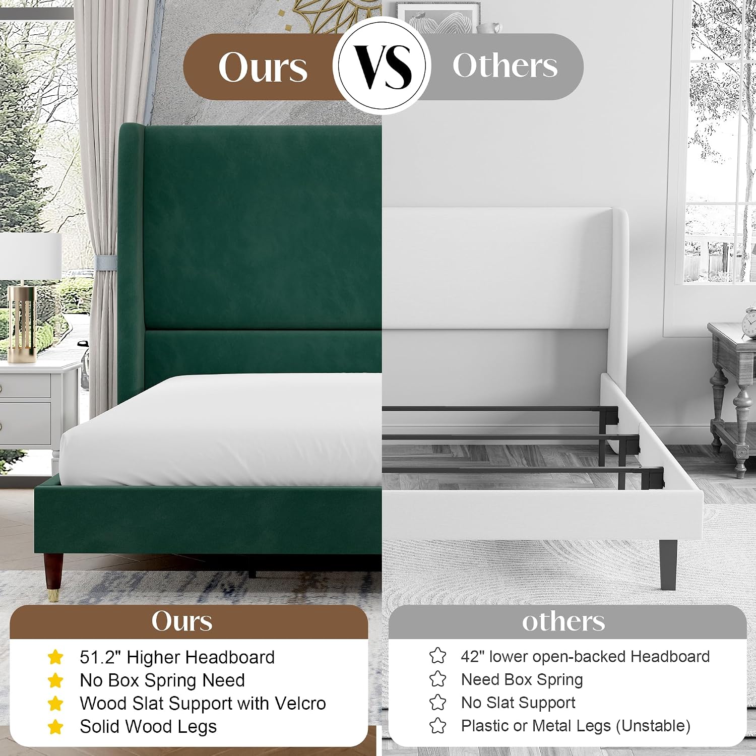 PaPaJet Queen Bed Frame with 51.2' Tall Wingback Headboard,Velvet Upholstered Platform Bed,Solid Wood Legs,No Box Spring Needed,Noise-Free&Easy Assembly,for Couples, Guest Room, Apartment,Green