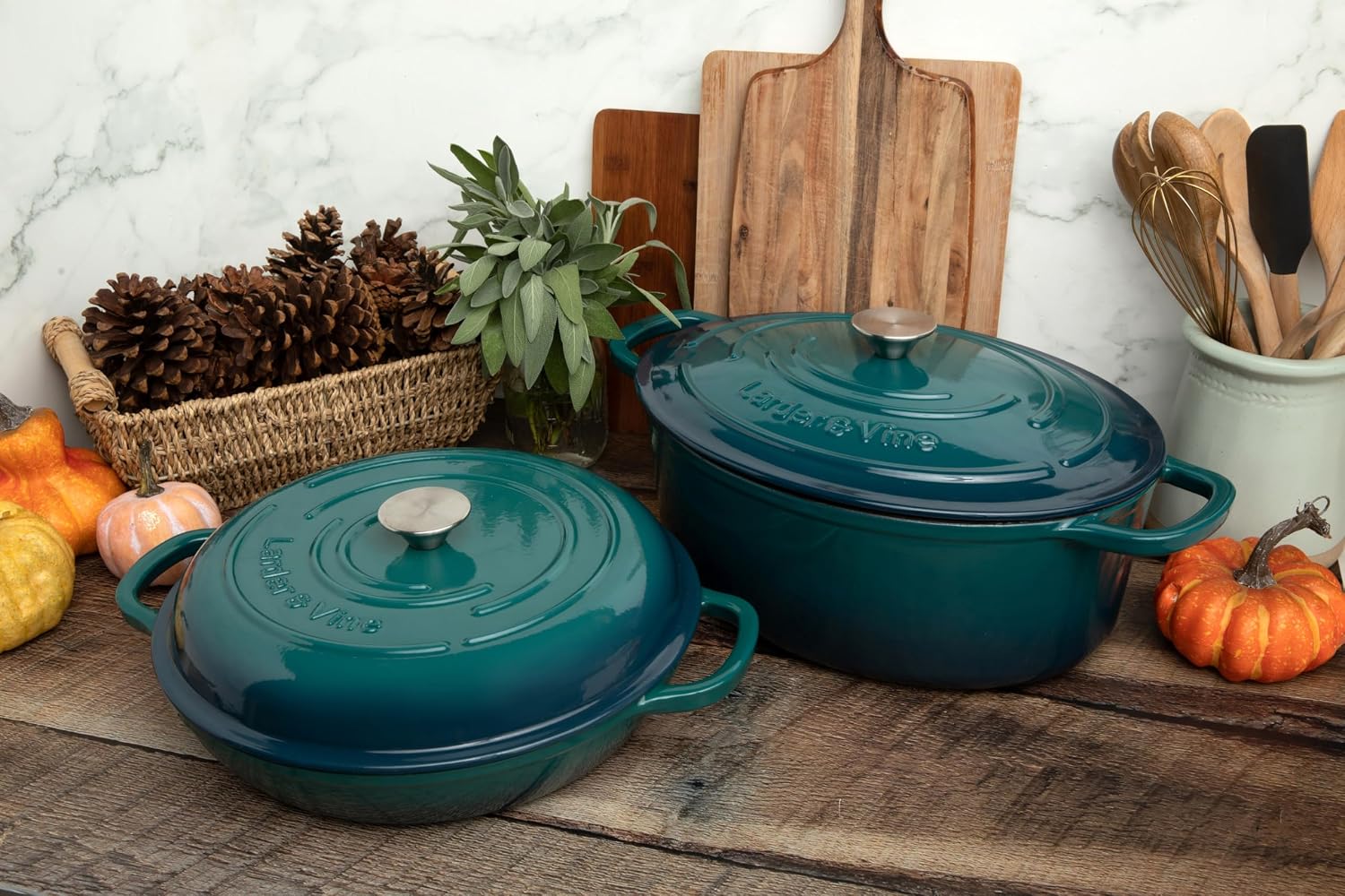 Larder & Vine 4-Piece Enameled Cast Iron Cookware Set: 8 Quart Dutch Oven with Lid, 3.6 Quart Braiser with Lid, Cast Iron Cookware with Oversized Handles, Oven Safe up to 500°F (Bondi)