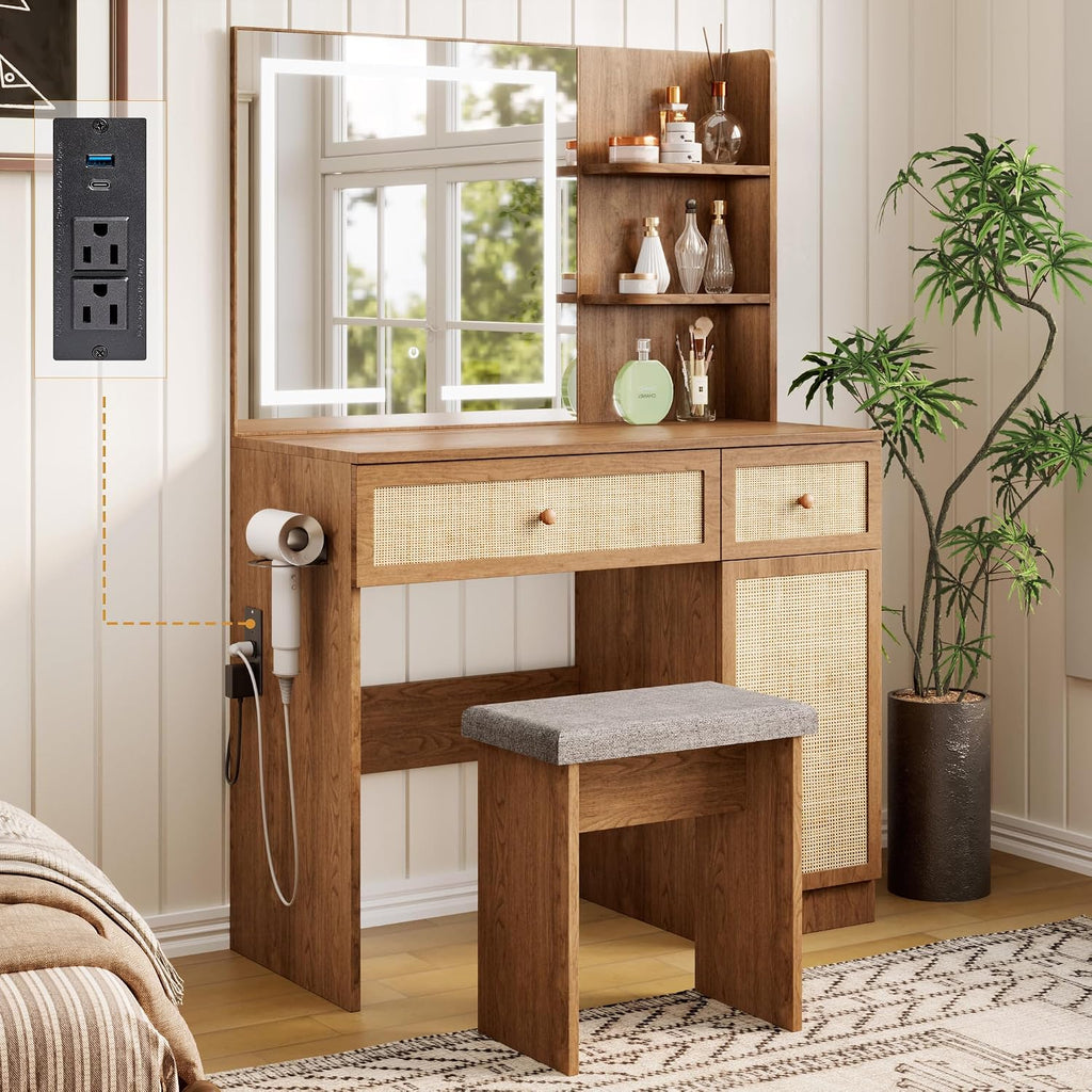 Yechen Boho Makeup Vanity Desk with LED Lighted Mirror & Power Strip, 35' Wooden Dressing Table Set with Rattan Drawers, Storage Shelves and Cushioned Stool for Bedroom, for Girls Women