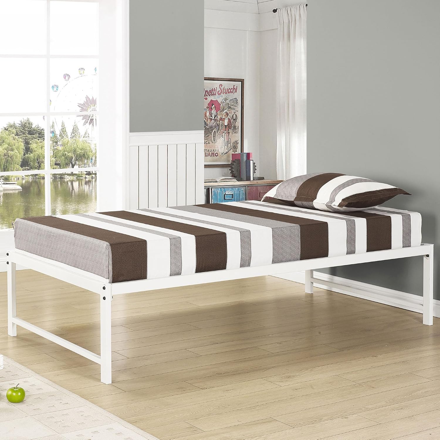 Kings Brand Furniture Twin Size White Metal Platform Bed With Pop Up Trundle