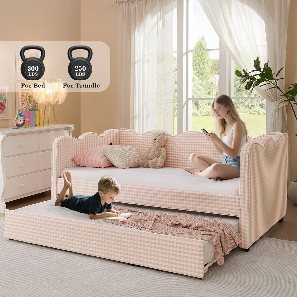 Twin to King Daybed with Trundle, USB Ports Soft Upholstered Daybed with Pop Up Trundle Bed Twin , Modern Extendable Day Bed Frame for Girls Bedroom Living Room Guest Room Small Places Apricot Pink