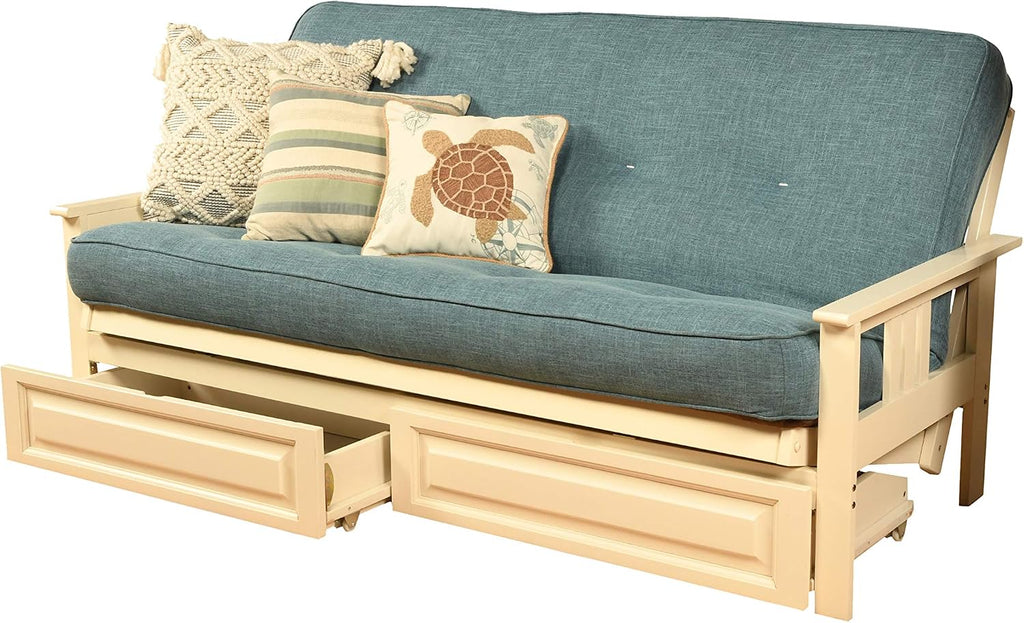 Kodiak Furniture Monterey Futon Set with Storage Drawers, with Antique White Base and Linen Aqua Mattress