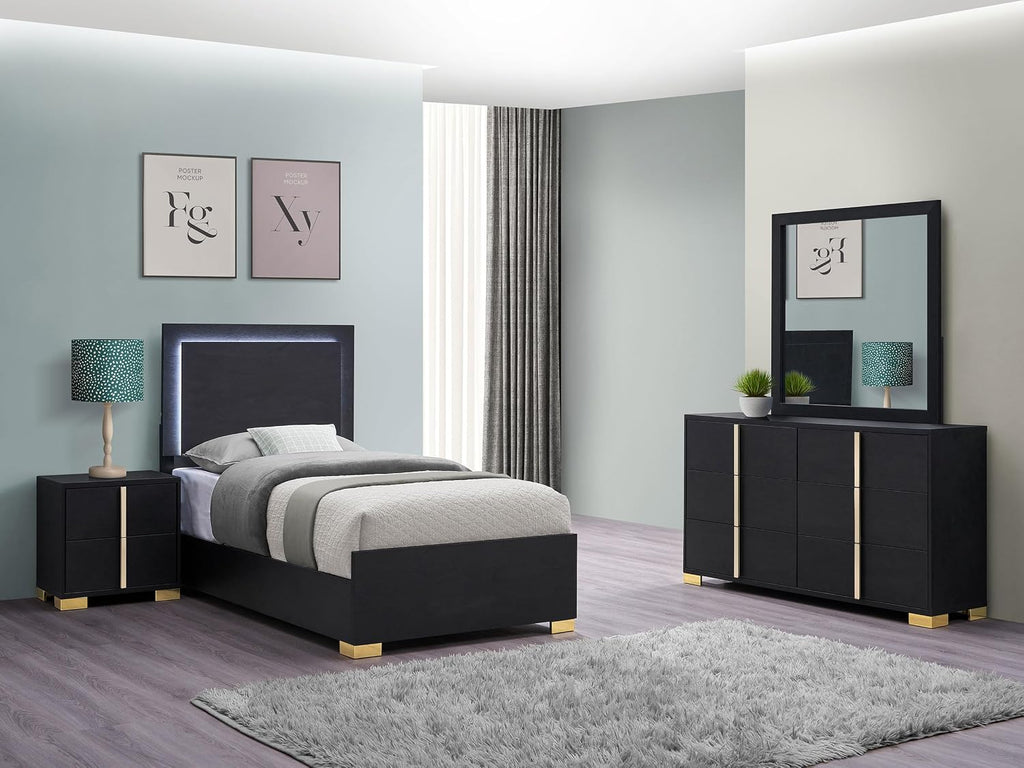 Coaster Home Furnishings Marceline Contemporary 4-Piece Bedroom Set Twin Size LED Panel Bed Frame 51-inch Headboard Black 222831T-S4