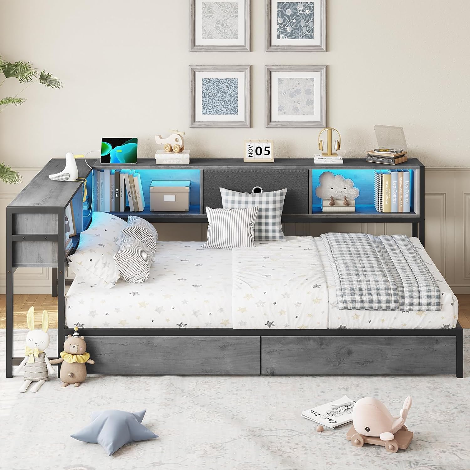 DICTAC Twin Corner Bed Frame with Bookcase Storage Headboard and 2 Drawers Twin Size Metal Platform Bed Frame with Led Lights and Charging Station,Twin Size Daybed for Kids and Teen,Oak Gray