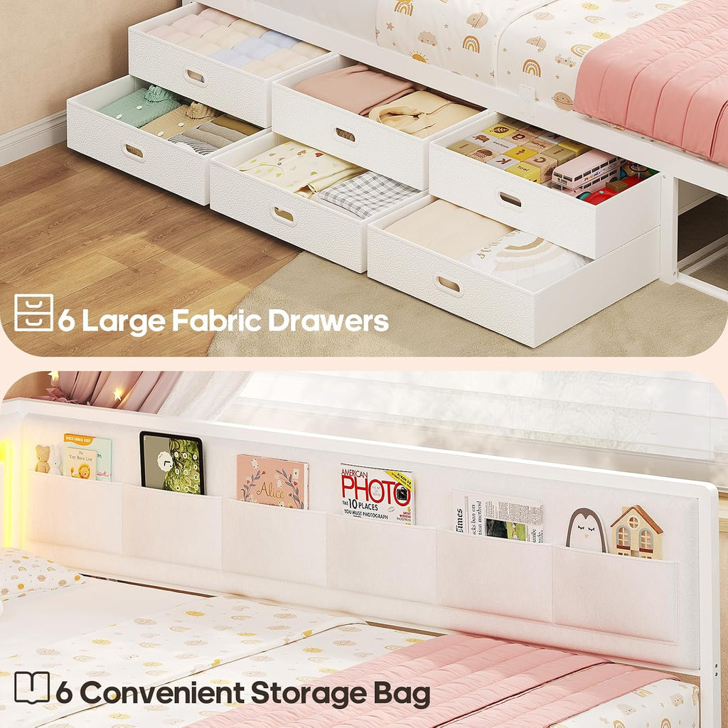 ADORNEVE Full Corner Bed Frame with 8 Drawers, 6 Storage Pockets, Full Daybed with Storage and RGB Wave Lights, Platform Bed with L-Shaped Upholstered Guardrail for Kids Teen,White