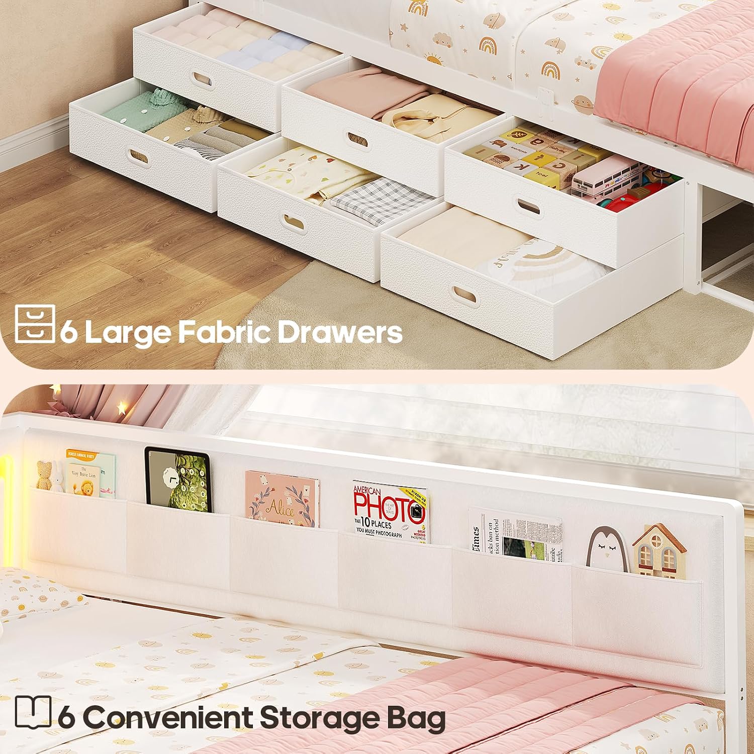 ADORNEVE Full Corner Bed Frame with 8 Drawers, 6 Storage Pockets, Full Daybed with Storage and RGB Wave Lights, Platform Bed with L-Shaped Upholstered Guardrail for Kids Teen,White