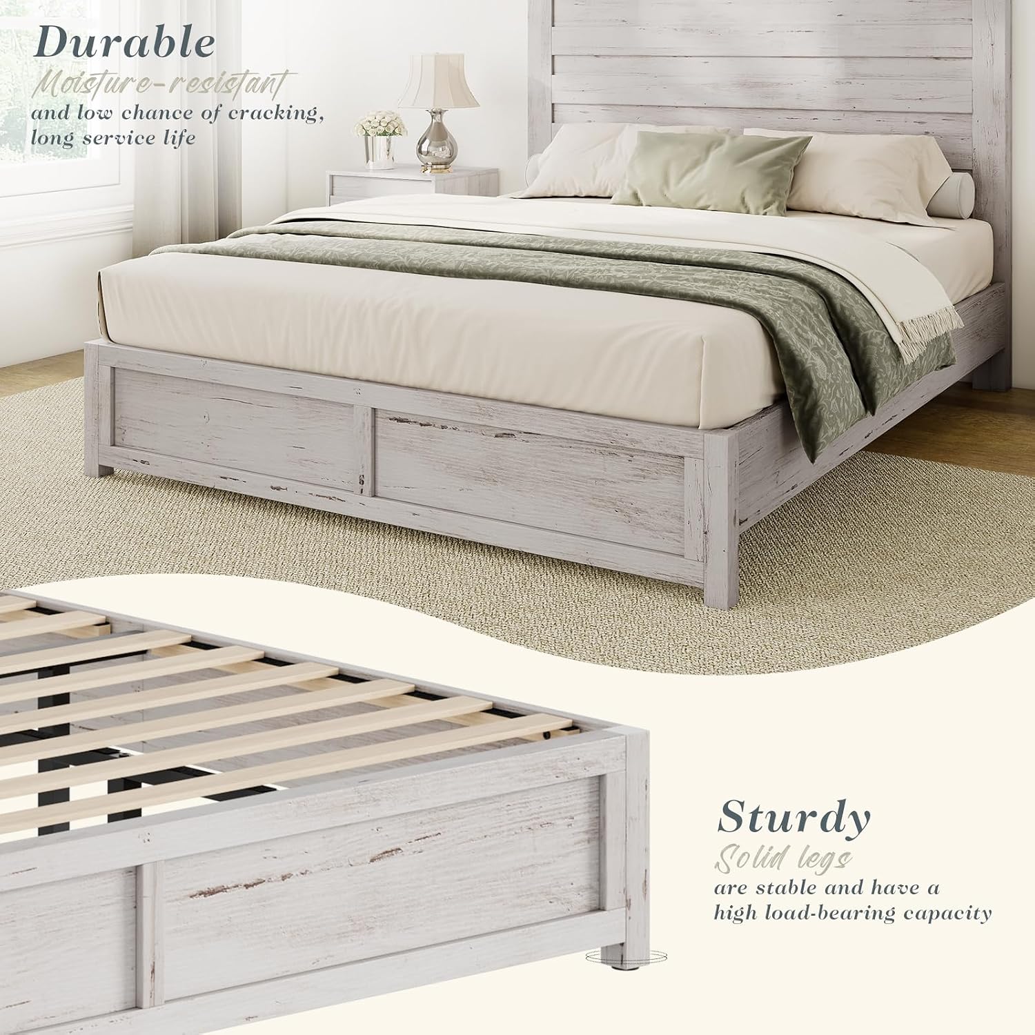 Albott Farmhouse Queen Size Bed Frame with 49' Slatted Headboard, Platform Bed with Wood Slat Support/No Box Spring Needed/Easy Assembly, Distressed White