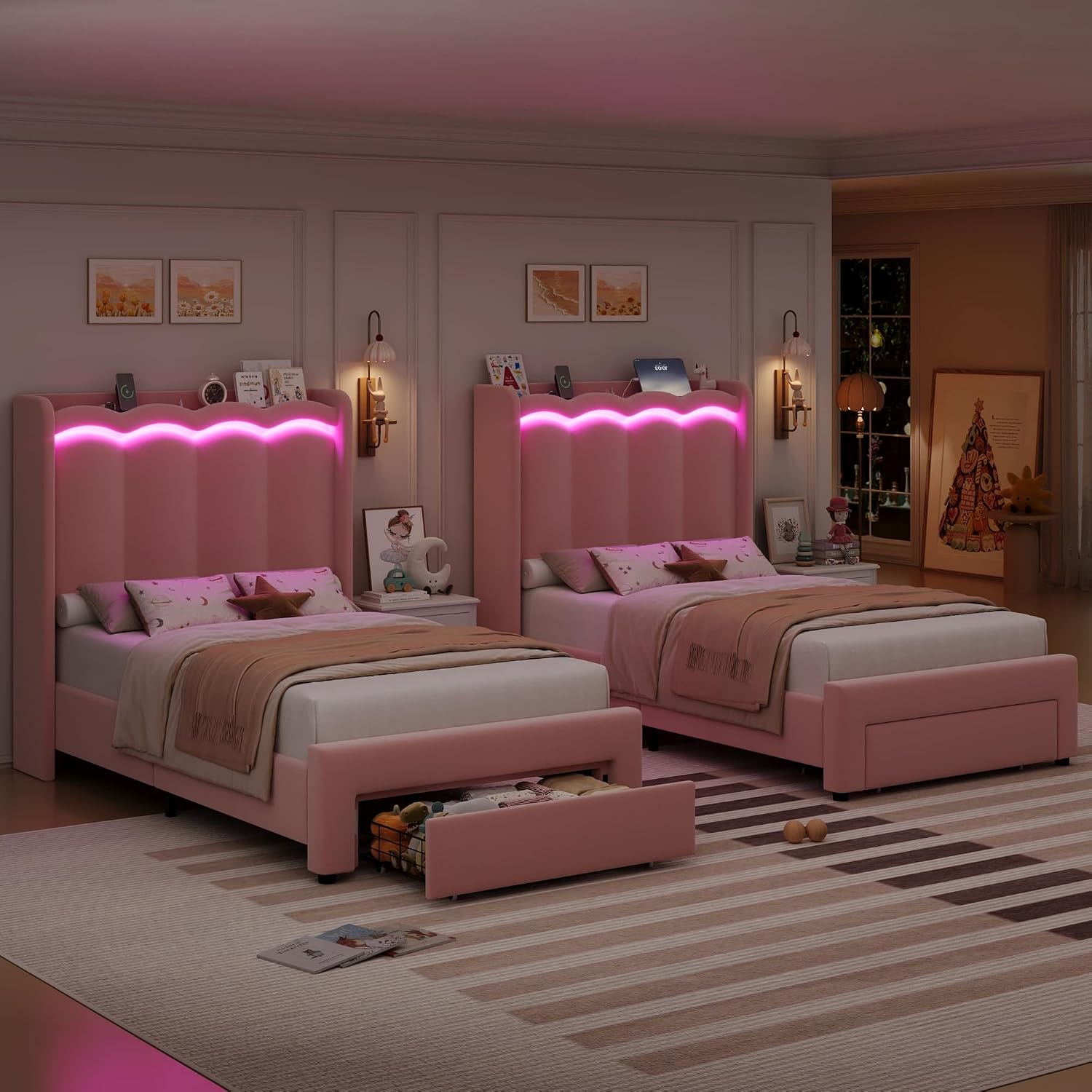 HIFIT 2 Set Upholstered Twin Size LED Bed Frame with Storage Drawer and Charging Station, Velvet Princess Twin Bed for Kids, Girls Bed with Double Wavy Wingback Headboard and Solid Frame, Pink