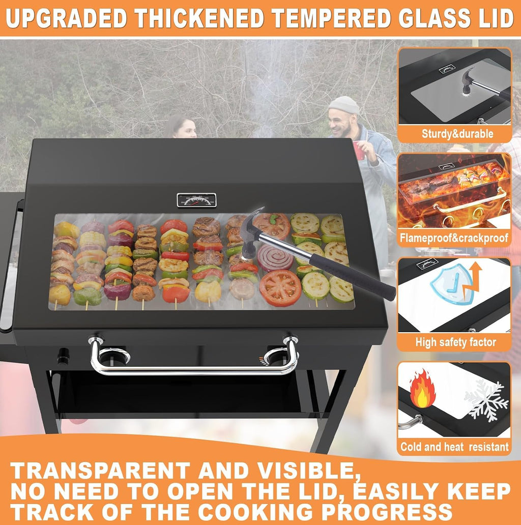 Upgrade Hinged Lid for Blackstone 28' Omnivore Griddle Hood,5857 Visualized Tempered Glass Hard Cover for Blackstone Lid 28' Omnivore 2206 1883 1517 2287 etc.Flat Top Griddle Accessories w/Thermometer