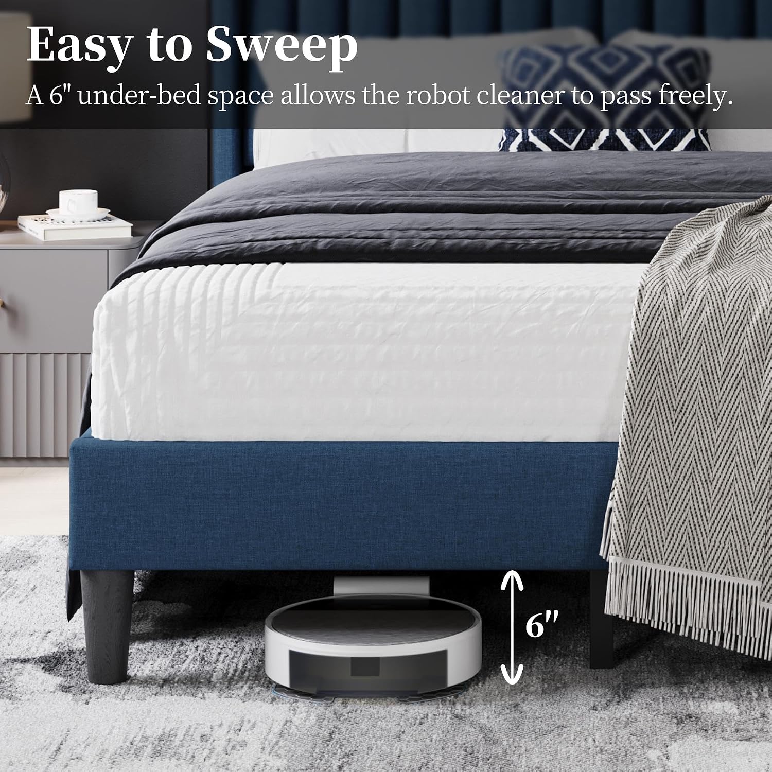 Yaheetech Full Size Bed Frame, Upholstered Platform Bed with Wing Edge Headboard, Square Tufted Fabric/Mattress Foundation/Wooden Slats Support/No Box Spring Needed/Easy Assembly/Navy Blue