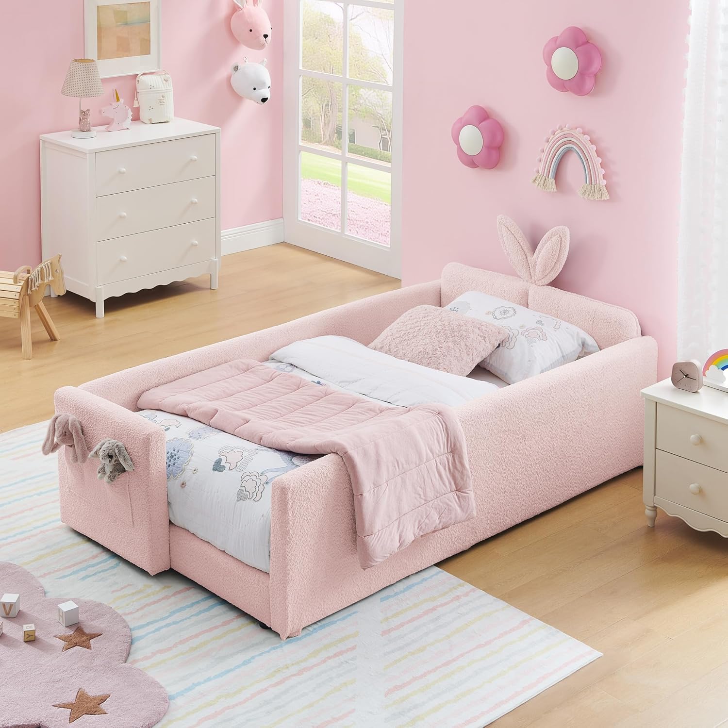 Twin Size Upholstered Platform Bed with Safety Guardrail and Cute Rabbit Ear Shaped Headboard, Boucle Fabric Montessori Kids Bed with Pocket and Sturdy Slats Support (Pink-7.24)