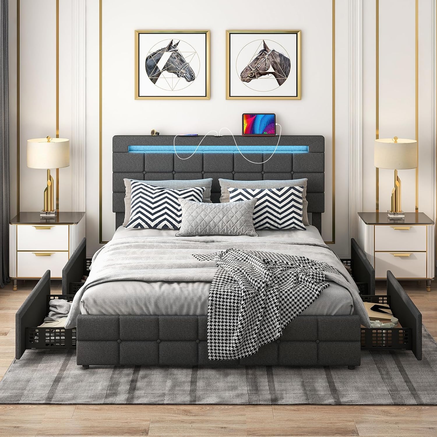 Giantex Full Bed Frame with LED Lights and 4 Drawers, Upholstered Platform Bed Frame with USB Ports, Tufted Adjustable Headboard Design, Solid Wooden Slat Support, No Box Spring Needed, Grey
