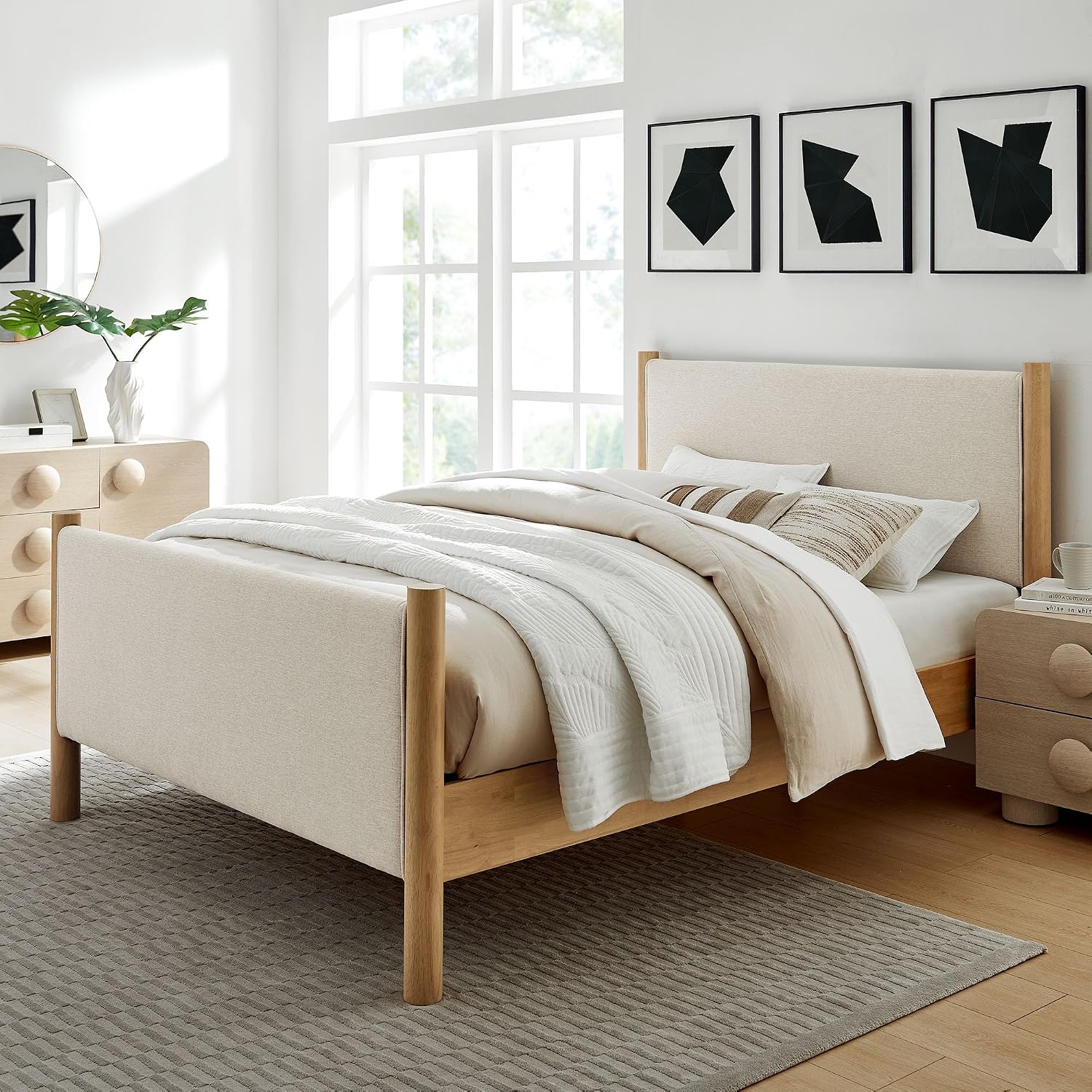 Modway Maven Queen Size Bed Frame in Ivory Oak with Upholstered Fabric Headboard and Footboard – Wood Queen Platform Bed Frame – No Box Spring Needed