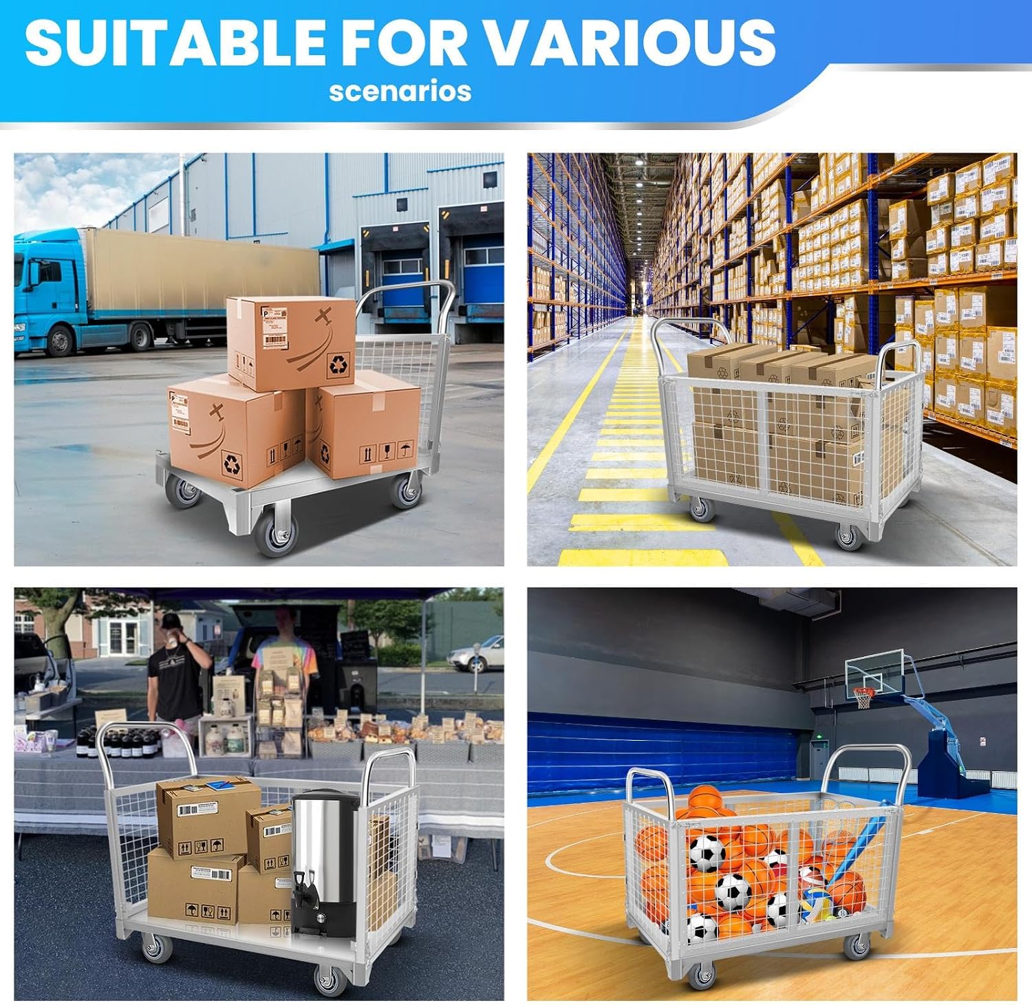 4-in-1 Upgraded Fence Foldable Push Cart Dolly, 2200lbs Loading Truck Cart with Cage, Stainless Steel Platform Truck with 4 Casters, Durable Heavy Duty Flatbed Cart for Grocery, Laundry, Warehouse