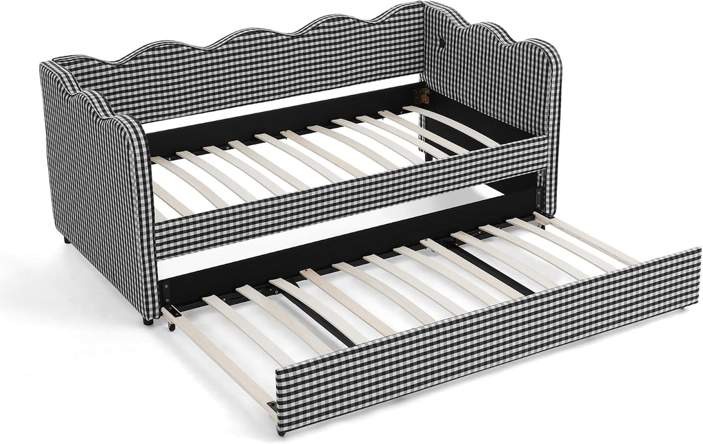 DEINPPA Twin Size Upholstered Daybed with Trundle, Gingham Daybed with USB Ports for Bedroom Living Room Guest Room-Black
