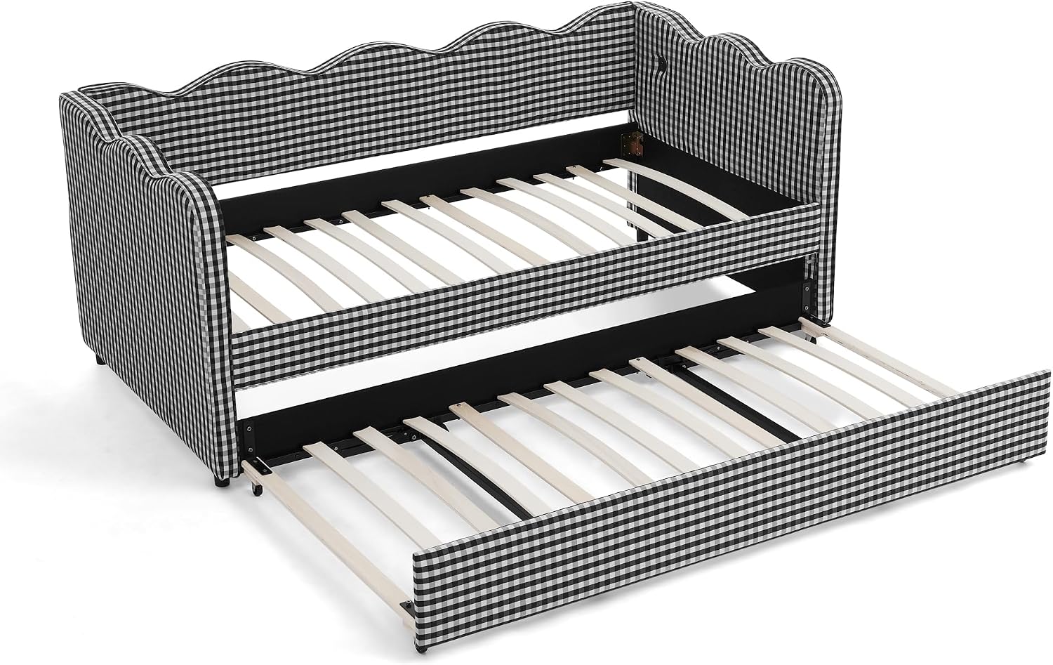 DEINPPA Twin Size Upholstered Daybed with Trundle, Gingham Daybed with USB Ports for Bedroom Living Room Guest Room-Black