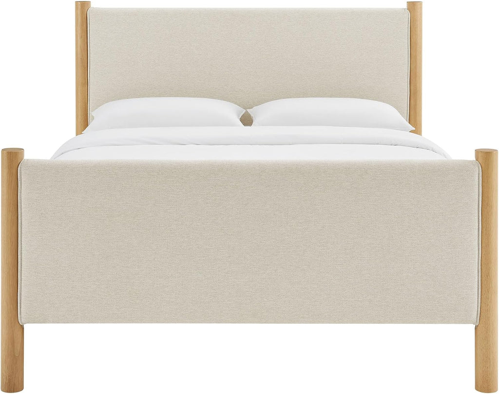 Modway Maven Full Bed Frame in Ivory Oak with Upholstered Fabric Headboard and Footboard – Wood Full Platform Bed Frame – No Box Spring Needed