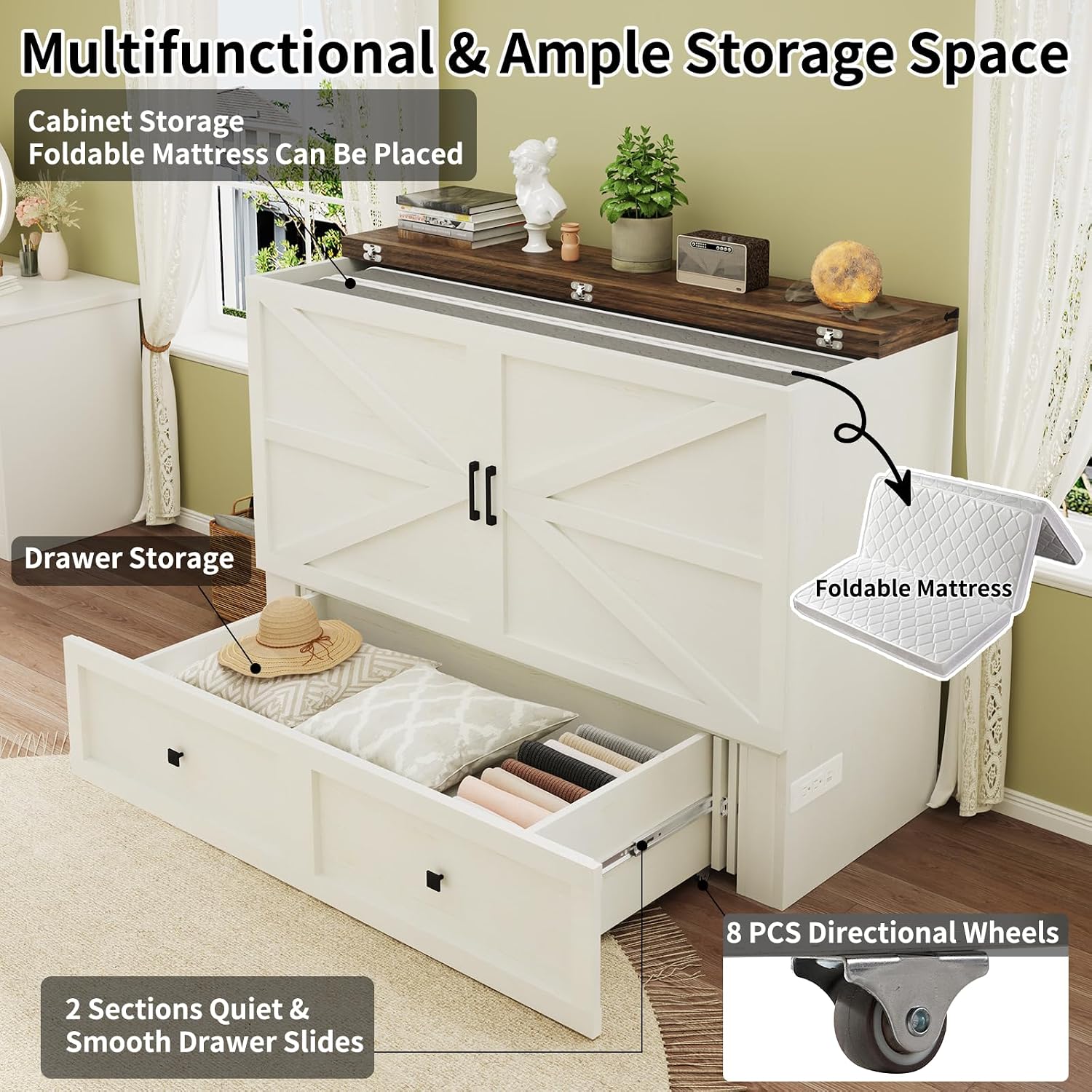 LUXOAK Full Size Murphy Bed with Charging Station, Cabinet Bed with Large Storage Drawer for Home Office or Small Room, Full Foldable Platform Bed, White
