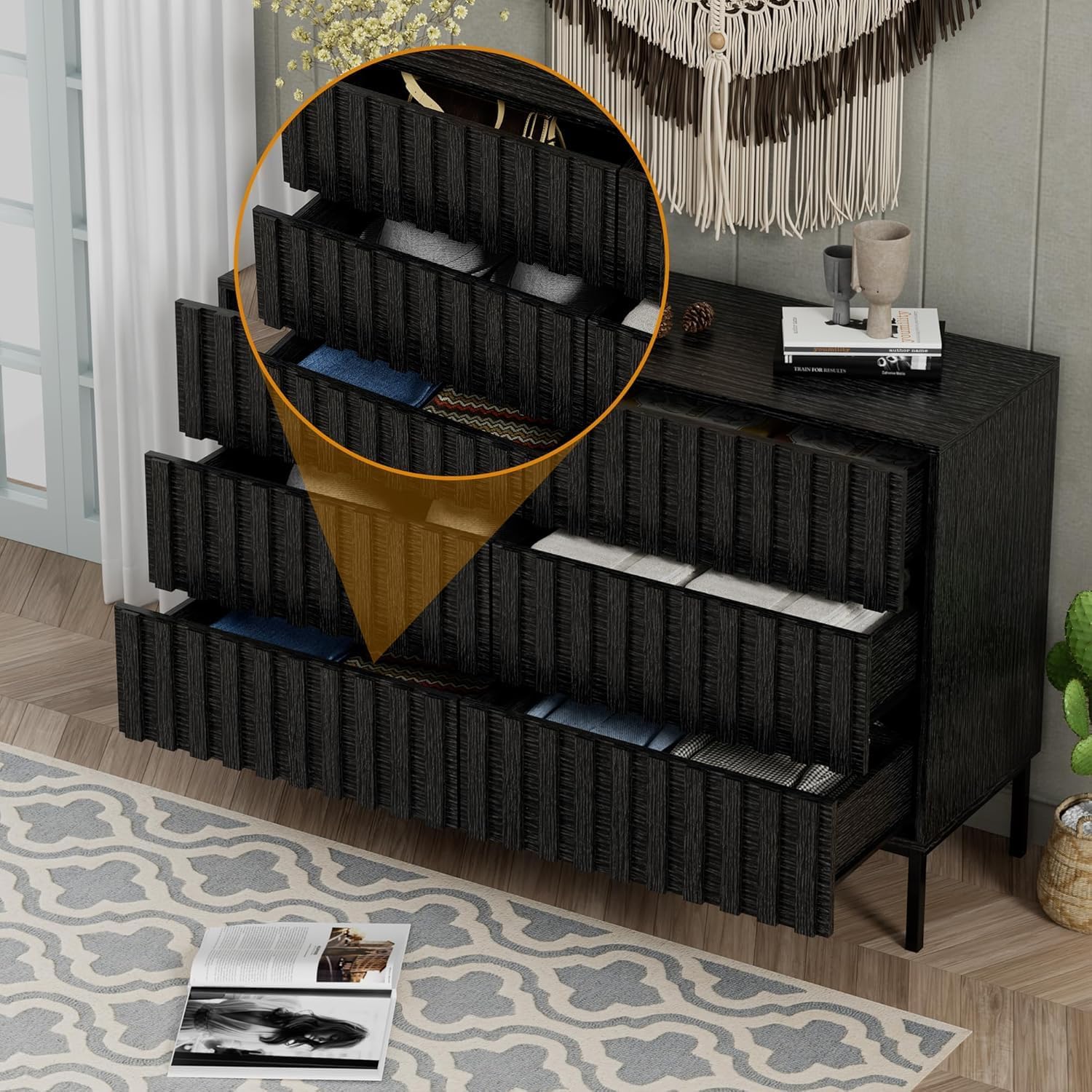 UEV 3 Piece Dresser and Nightstand Sets for Bedroom, 47' Wide 6 Drawer Dresser & Nightstand Set of 2, Mid Century Modern Fluted Wooden Dressers Set, Bedroom Furniture Set (Black)