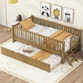 VilroCaz Twin Size Platform Bed with Guardrail and Trundle, Wood Kids Platform Bed Frame with Two-Step Ladder for Boys Girls, Sturdy Slats Support (Walnut-1.26T)