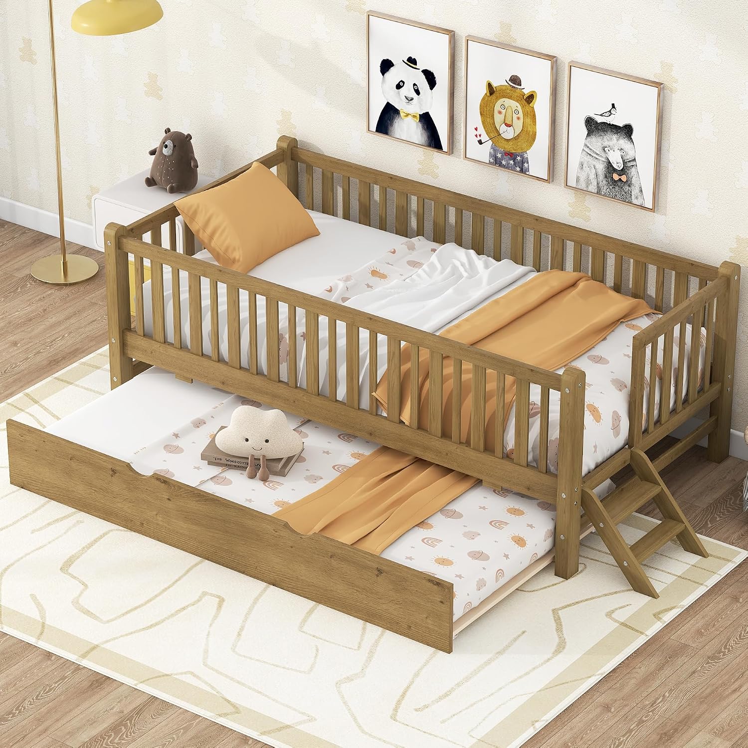 VilroCaz Twin Size Platform Bed with Guardrail and Trundle, Wood Kids Platform Bed Frame with Two-Step Ladder for Boys Girls, Sturdy Slats Support (Walnut-1.26T)