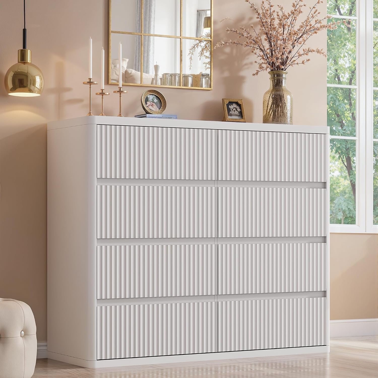 Standifurno White 8 Drawer Dresser, Modern Fluted Dressers & Chest of Drawers for Bedroom, 48' Wide Dresser TV Stand with Deep Drawer, Curved Profile, Wood Organizer for Bedroom, Living Room, Hallway