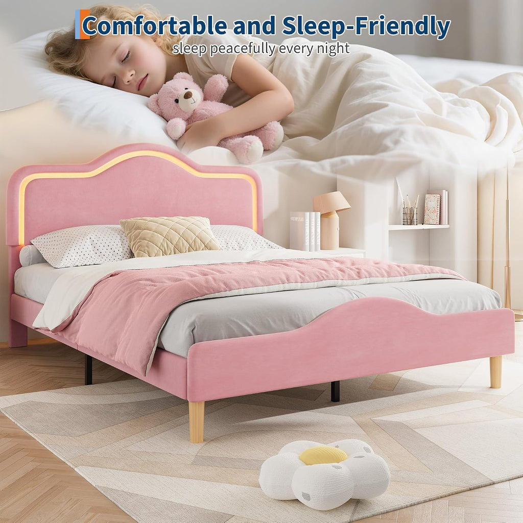 IDEALHOUSE Full Size Bed Frame with LED Lights, Velvet Upholstered Platform Bed with Adjustable Headboard for Kids/Girls, Wooden Slats Support, No Box Spring Needed, Pink